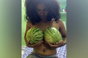 Rehana drew backlash for posing bare chested holding melons over